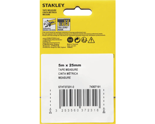 Stanley Logo. Bandmaß, 5 Meter mal 25 Millimeter, mit abnehmbarem Magnet für Haken und Tru-Zero Haken.
