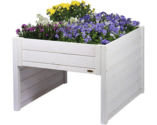 Hochbeet aus Holz mit Blumen bepflanzt