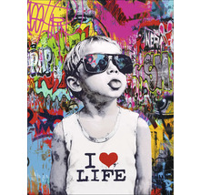 Gemälde eines Jungen mit Sonnenbrille und Graffiti-Hintergrund