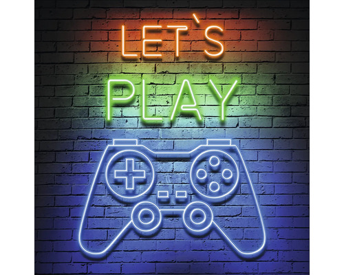 Neonbild mit der Aufschrift Let's Play und einem Controller auf einer Ziegelwand