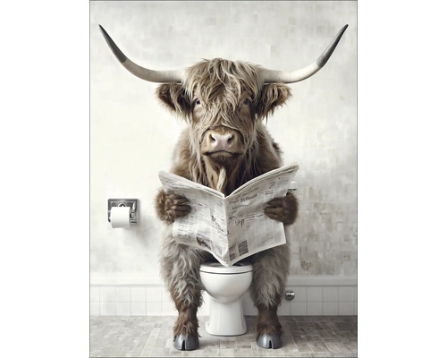 Illustrierte Highland Kuh auf Toilette beim Zeitunglesen