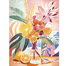 Gemälde eines Blumenbouquets in einer Vase neben Zitrusfrüchten
