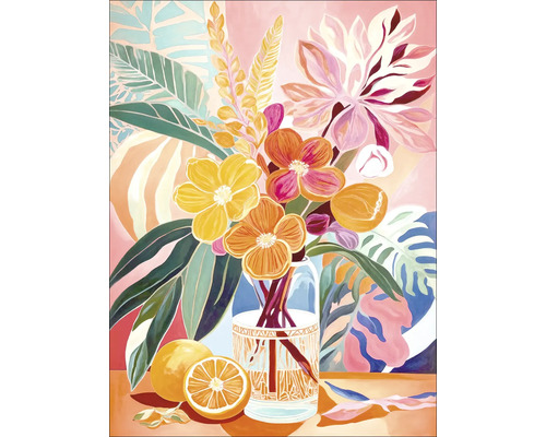Gemälde eines Blumenbouquets in einer Vase neben Zitrusfrüchten