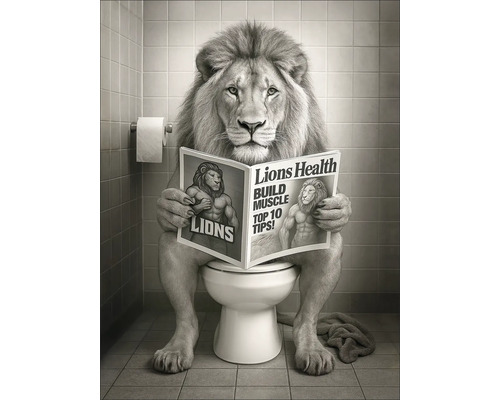 Löwe sitzt auf Toilette und liest eine Zeitschrift