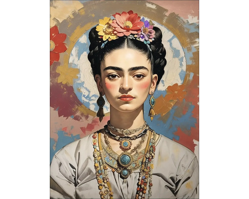 Gemälde einer Frau mit Blumen im Haar und Halsketten