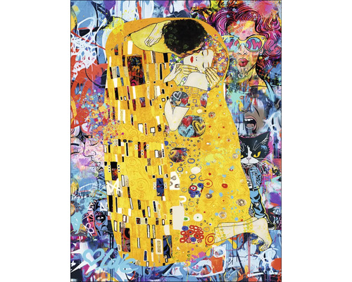Gemälde im Stil von Gustav Klimts Der Kuss mit Graffiti-Elementen