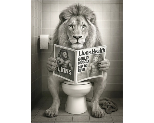 Löwe sitzt auf einer Toilette und liest eine Zeitschrift