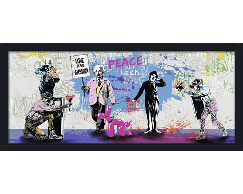 Gerahmtes Wandbild mit Graffiti-Motiven von Polizisten, Albert Einstein und Charlie Chaplin