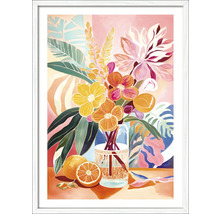 Gemälde mit Blumen, Blättern und Orangen in weißem Rahmen