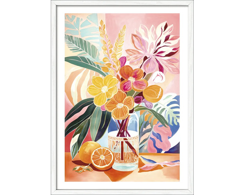 Gemälde mit Blumen, Blättern und Orangen in weißem Rahmen