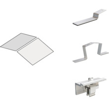 Montageset für Photovoltaikanlagen mit Solarmodulen, Halterungen und Klemmen aus Metall.
