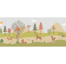 Illustration einer Waldszene mit Tieren und Bäumen