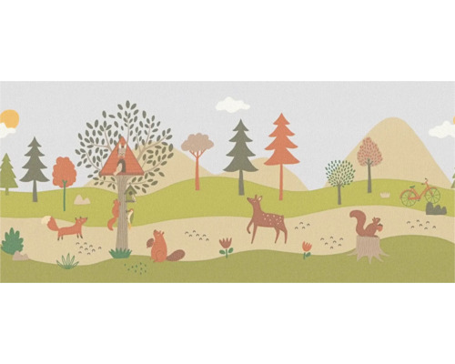 Bordüre 78732-2 selbstklebend Waldtiere grün rot 5 m x 17 cm Illustration einer Waldszene mit Tieren und Bäumen