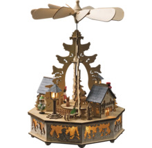 Hölzerne Weihnachtspyramide mit Winterdorf-Szene und Drehflügeln