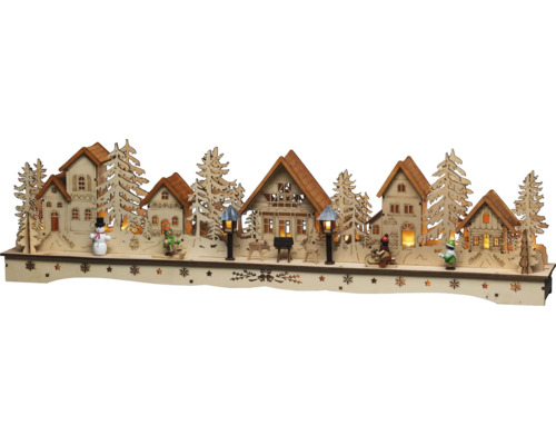 Weihnachtsleuchter mit Häusern, Bäumen, Schneemann und Figuren