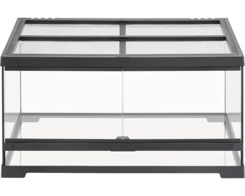 Leeres Terrarium mit Glasschiebetüren und Gitterabdeckung