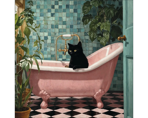 Badezimmer mit freistehender Badewanne, Fliesenwand, Zimmerpflanzen und schwarzer Katze