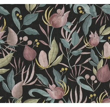 Tapetenmuster mit Blumen und Blättern auf dunklem Hintergrund