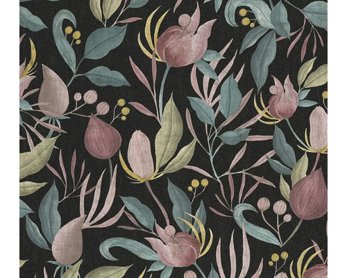 Tapetenmuster mit Blumen und Blättern auf dunklem Hintergrund