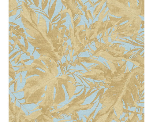 Vliestapete CosmoLiving Dschungelblätter blau gold Tapete mit Blattmuster auf hellem Untergrund