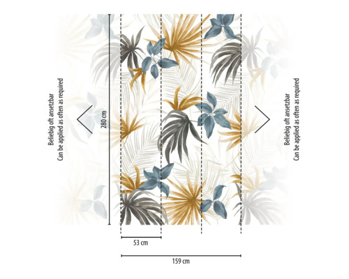 Vliestapete blätter floral natur beige blau braun weiß Tapete mit Blättermuster und Größenangaben