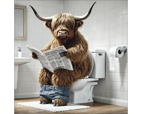 Hochlandrind liest Zeitung auf der Toilette