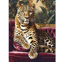 Gemälde eines Leoparden auf einem roten Sofa vor einem Landschaftshintergrund