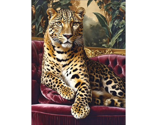 Gemälde eines Leoparden auf einem roten Sofa vor einem Landschaftshintergrund