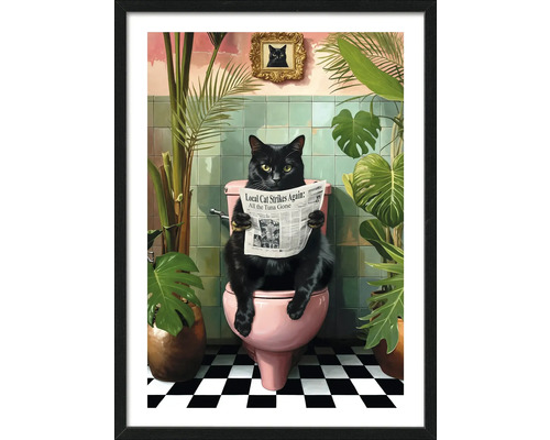 Gerahmtes Bild einer schwarzen Katze, die auf einer Toilette sitzt und eine Zeitung liest, im Hintergrund Zimmerpflanzen