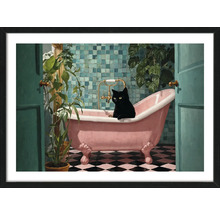 Gerahmtes Bild einer Badeszene mit schwarzer Katze in einer rosa Badewanne