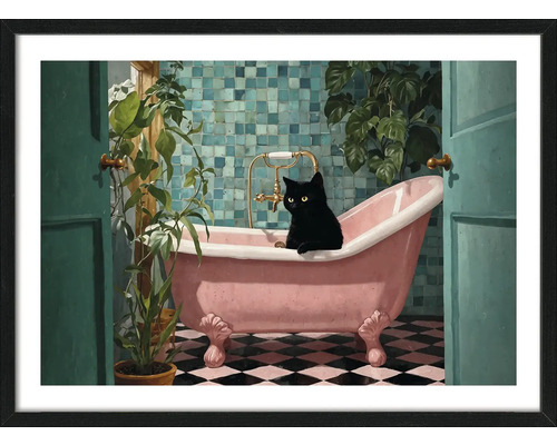 Gerahmtes Bild einer Badeszene mit schwarzer Katze in einer rosa Badewanne