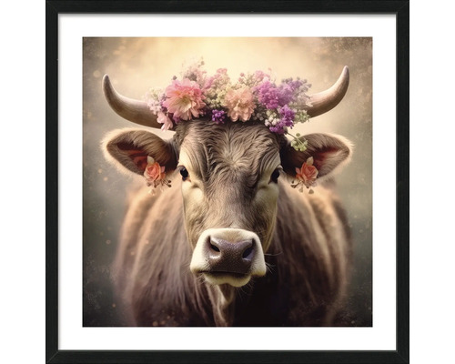 Gerahmtes Bild einer Kuh mit Blumenkranz