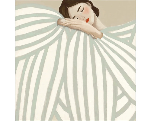 Illustration einer schlafenden Frau mit gestreifter Decke