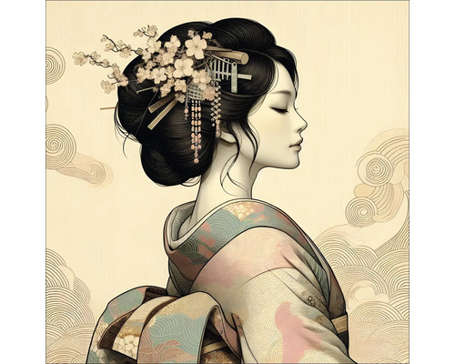 Illustration einer Frau im Kimono mit Blumen im Haar