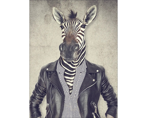 Illustration einer anthropomorphen Zebrafigur mit Lederjacke und Hemd