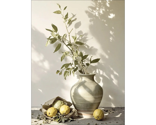 Stillleben mit Vase, Zweig und Zitrusfrüchten