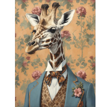 Illustration einer Giraffe in Jackett, Weste und Fliege vor floralem Hintergrund