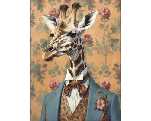 Illustration einer Giraffe in Jackett, Weste und Fliege vor floralem Hintergrund