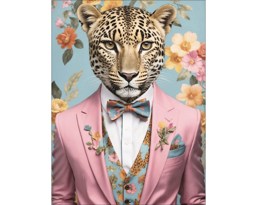 Illustration eines Leoparden mit Anzug, Weste und Fliege
