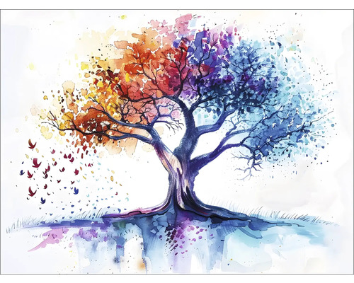 Aquarellgemälde eines Baumes mit unterschiedlichen saisonalen Farben