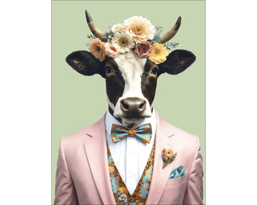Illustration einer Kuh mit Blumenkranz und Anzug