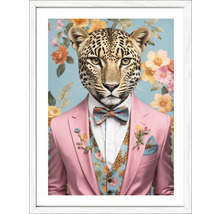Gerahmtes Bild eines Leoparden mit Anzug und Fliege vor floralem Hintergrund