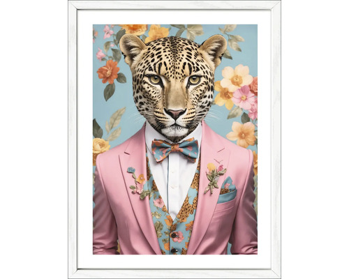 Gerahmtes Bild eines Leoparden mit Anzug und Fliege vor floralem Hintergrund