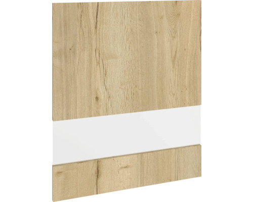 PICCANTE Smart Segmentglastür für Oberschrank 60 x 70 cm Wildeiche Nachbildung mit Dickkante "P" Holzplatte mit weißem Akzent