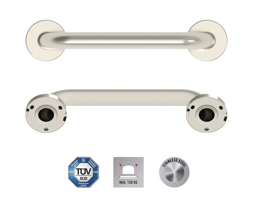 Edelstahl Haltegriff für das Badezimmer, mit TÜV Süd Siegel, maximale Belastung 150 Kilogramm, Edelstahl Kennzeichnung.