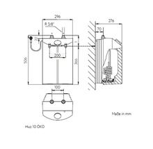 Technische Zeichnung des Hüz 10 ÖKO Warmwasserbereiters mit Maßangaben
