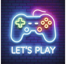 Leuchtende Spielkonsole mit der Aufschrift Let's Play vor einer Ziegelwand