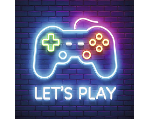 Leuchtende Spielkonsole mit der Aufschrift Let's Play vor einer Ziegelwand