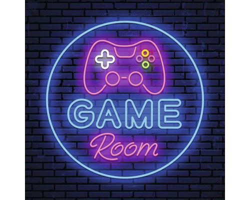 Neonreklame mit dem Schriftzug Game Room und einem Gamecontroller auf einer Ziegelwand