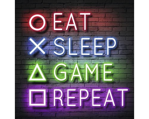 Neonreklame mit der Aufschrift: Essen, Schlafen, Spielen, Wiederholen